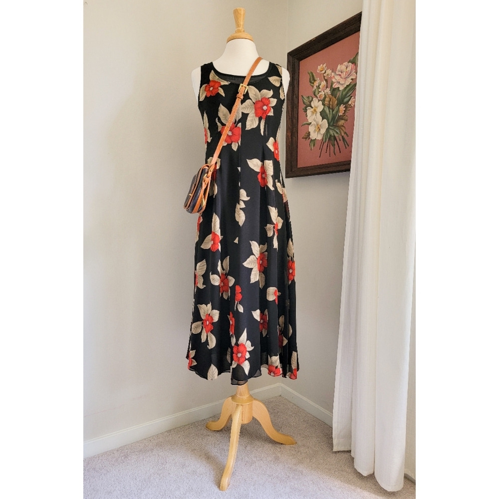 90s Black Floral Silk Scoop Neck 1990s Vintage Fully Lined Sleeveless Midi Dress - Picture 2 of 14